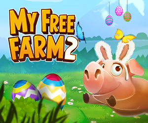 My Free Farm 2 Teaser Bild Ein Mädchen in einem Farmoutfit hält ein Huhn in der Hand. Im Hintergrund sieht man ein schönes Farmgebäude